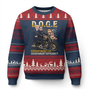 DOGE Department of Government Efficiency Ugly Christmas Sweater Funny Trump Musk Cool Motorbike TS10 Navy Red Print Your Wear
