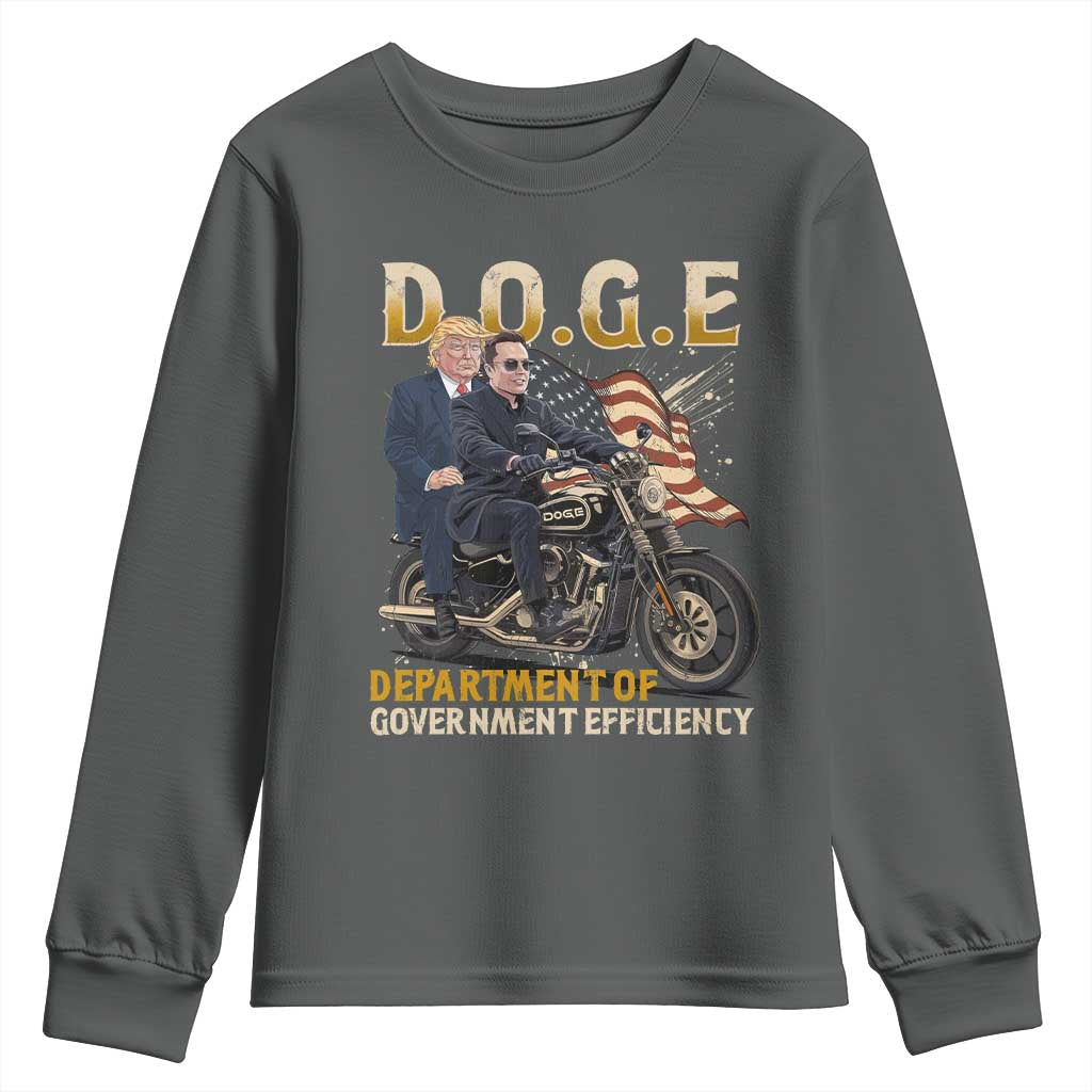 DOGE Department of Government Efficiency Youth Sweatshirt Funny Trump Musk Cool Motorbike TS10 Dark Heather Print Your Wear