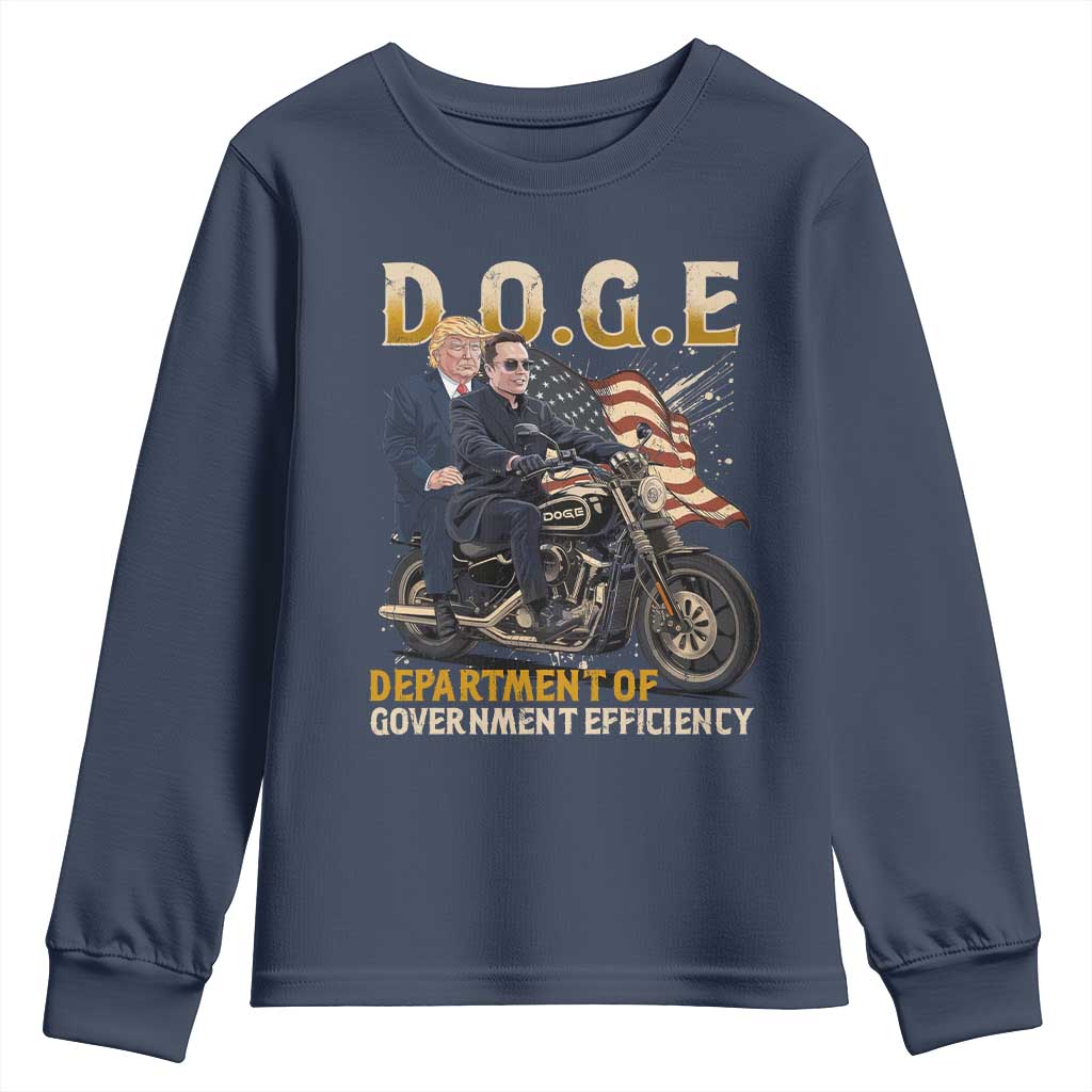 DOGE Department of Government Efficiency Youth Sweatshirt Funny Trump Musk Cool Motorbike TS10 Navy Print Your Wear