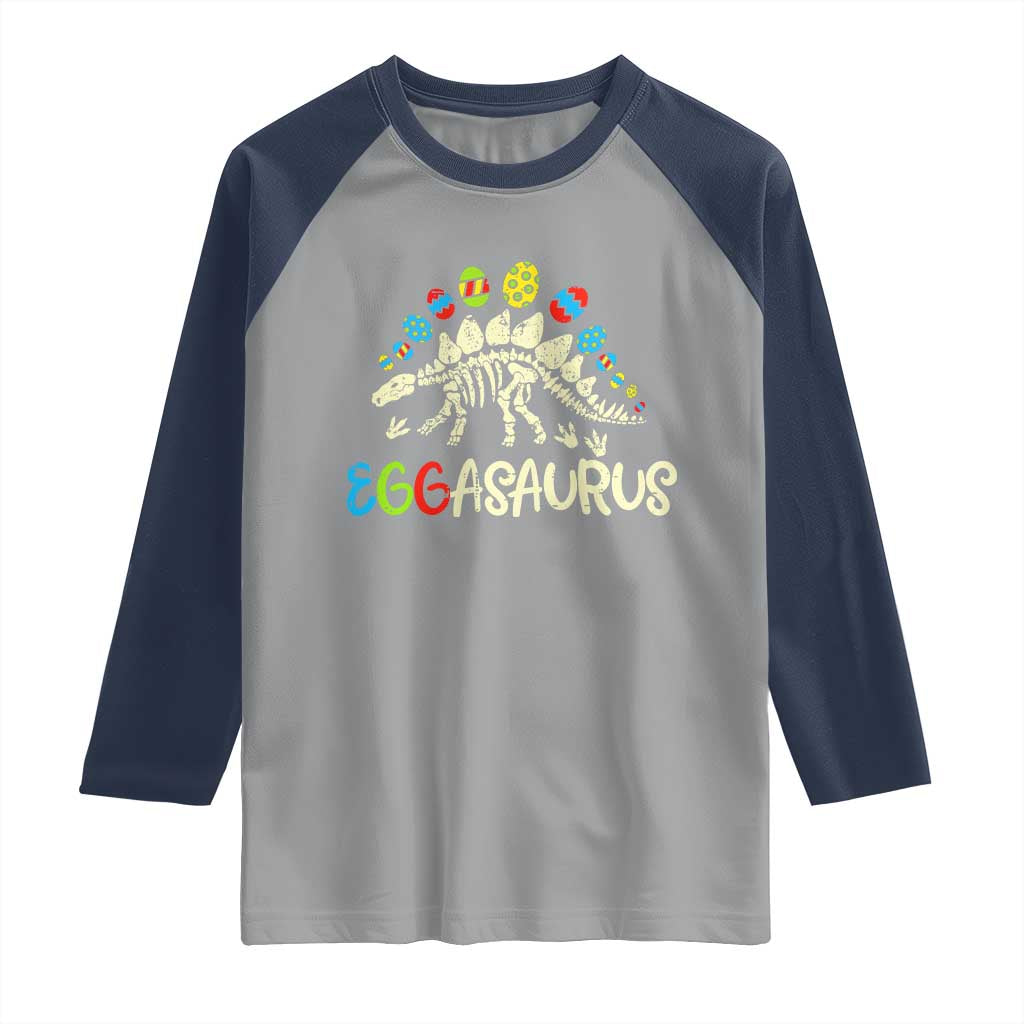 Easter Dinosaur Raglan Shirt Kids Eggasaurus Easter Stegosaurus Dino Toddler Boys TS10 Sport Gray Navy Print Your Wear