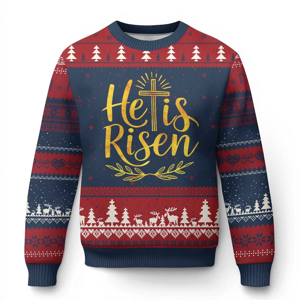 He Is Risen Ugly Christmas Sweater Jesus Easter Religious Christians TS10 Navy Red Print Your Wear