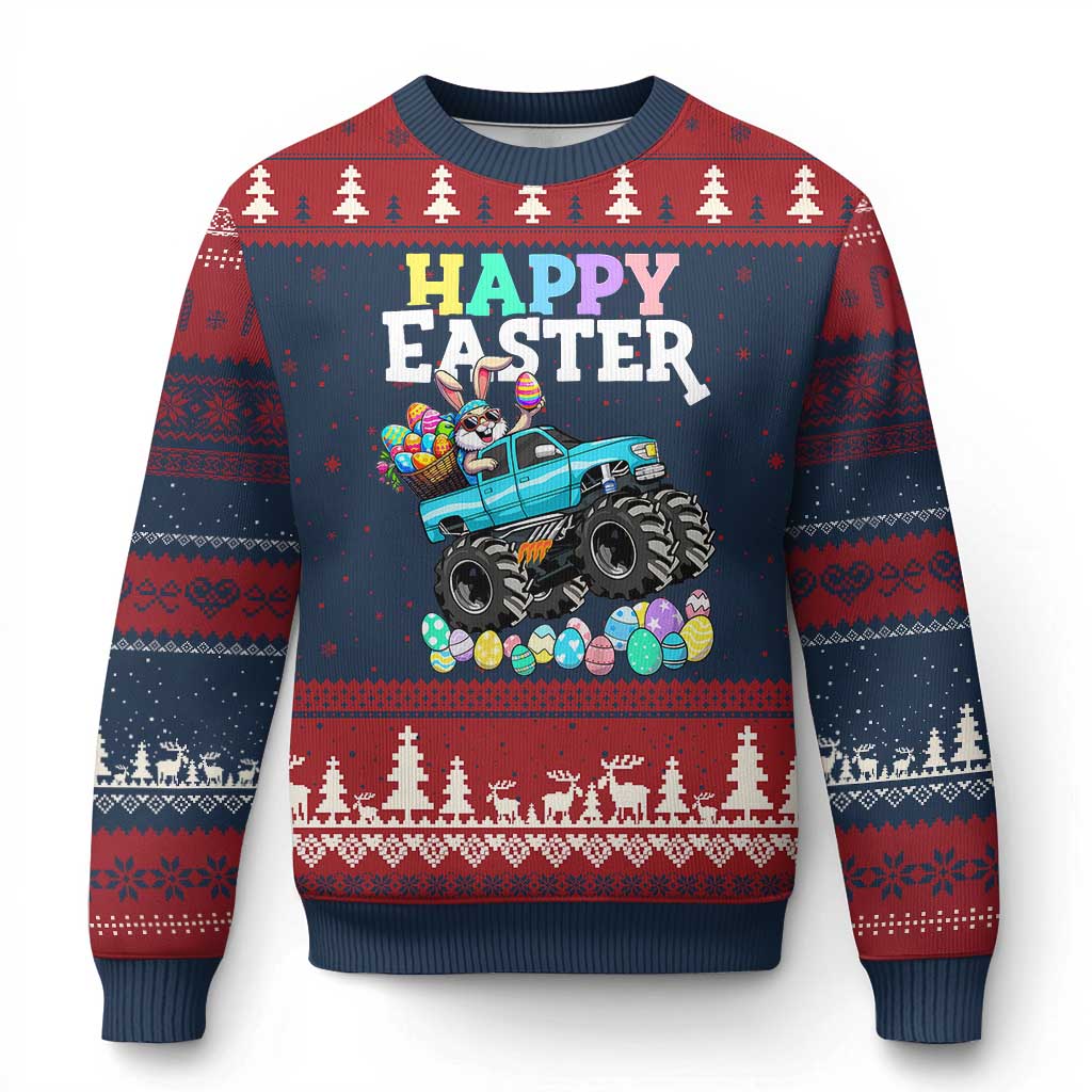 Boys Happy Easter Bunny Monster Truck Ugly Christmas Sweater Eggs Cool Rabbit Car Lovers Toddler TS10 Navy Red Print Your Wear