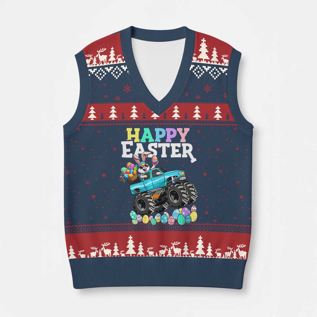 Boys Happy Easter Bunny Monster Truck V-Neck Knit Sweater Vest Eggs Cool Rabbit Car Lovers Toddler TS10 Navy Red Print Your Wear