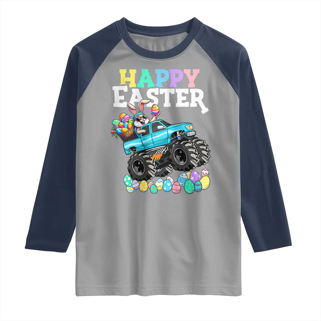 Boys Happy Easter Bunny Monster Truck Raglan Shirt Eggs Cool Rabbit Car Lovers Toddler TS10 Sport Gray Navy Print Your Wear