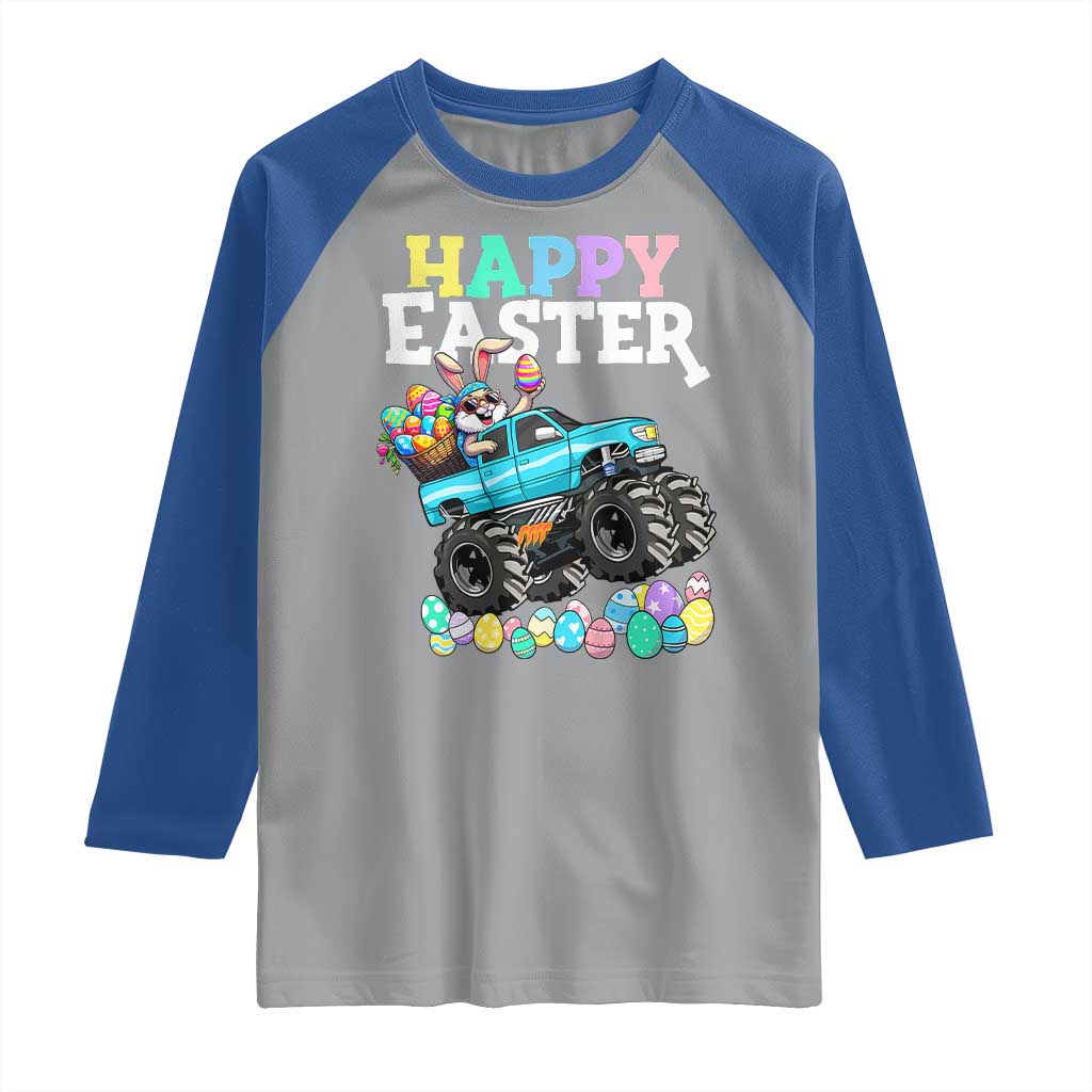 Boys Happy Easter Bunny Monster Truck Raglan Shirt Eggs Cool Rabbit Car Lovers Toddler TS10 Sport Gray Royal Print Your Wear