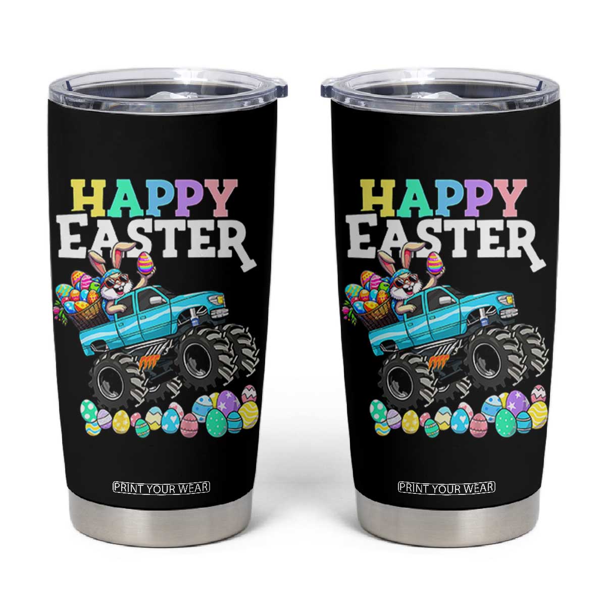 Boys Happy Easter Bunny Monster Truck Tumbler Cup Eggs Cool Rabbit Car Lovers Toddler TS10 Black Print Your Wear