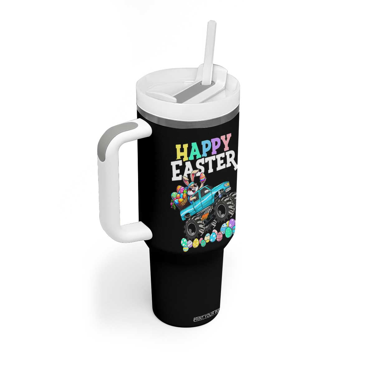 Boys Happy Easter Bunny Monster Truck Tumbler With Handle Eggs Cool Rabbit Car Lovers Toddler TS10 Print Your Wear