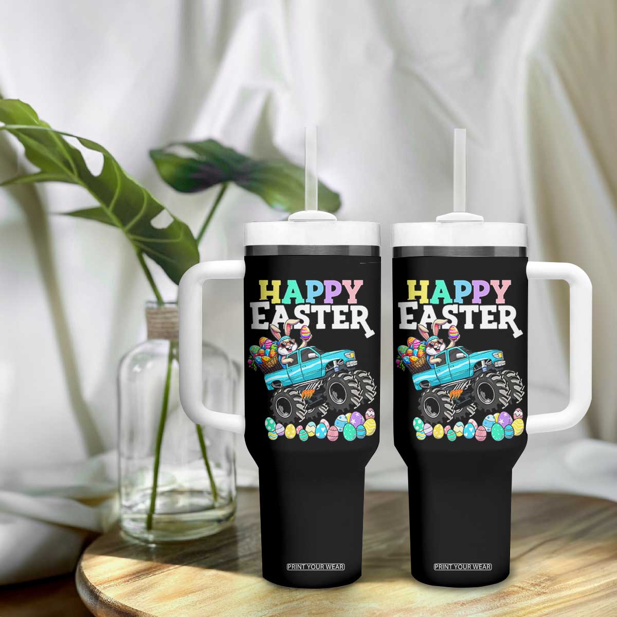 Boys Happy Easter Bunny Monster Truck Tumbler With Handle Eggs Cool Rabbit Car Lovers Toddler TS10 Print Your Wear