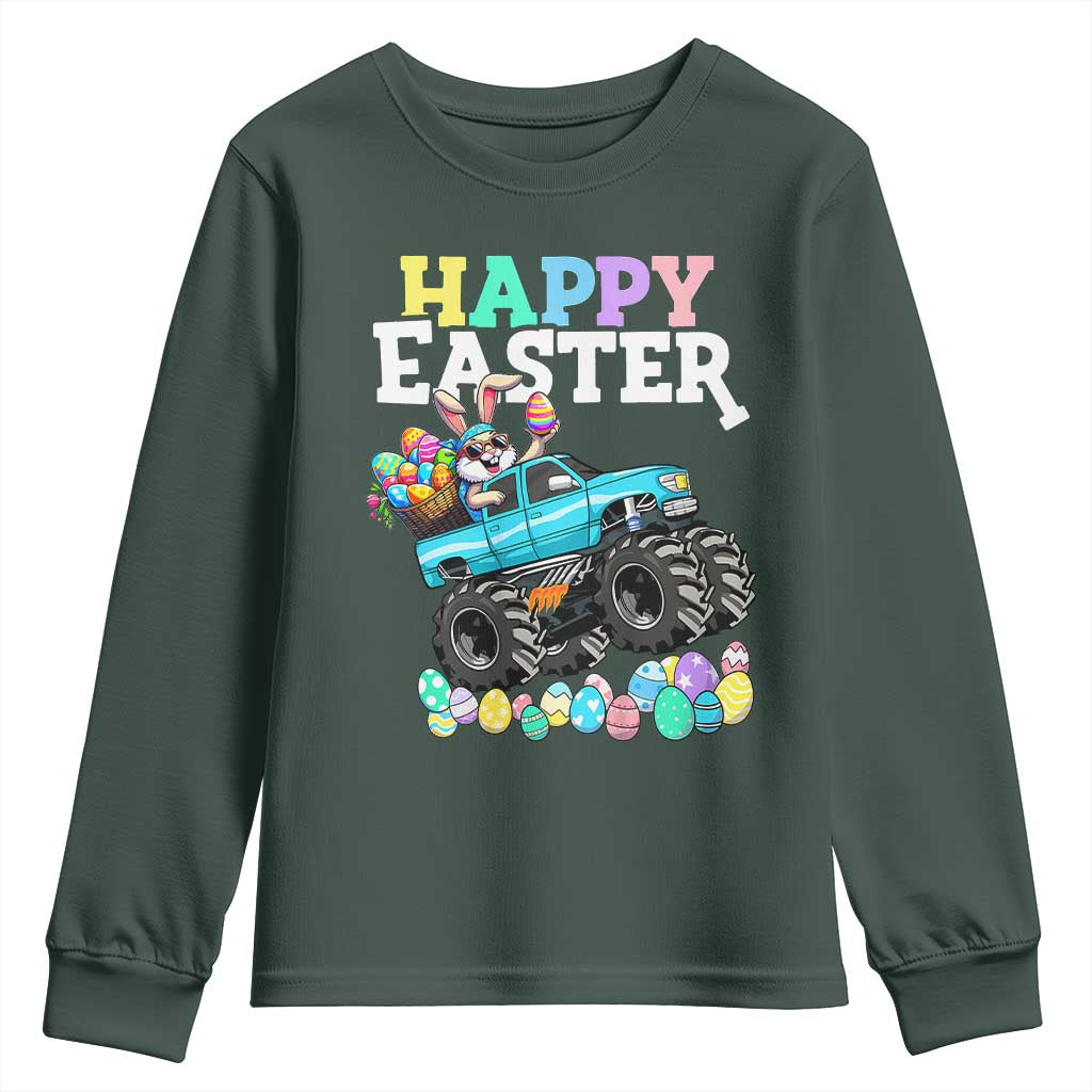 Boys Happy Easter Bunny Monster Truck Youth Sweatshirt Eggs Cool Rabbit Car Lovers Toddler TS10 Dark Forest Green Print Your Wear