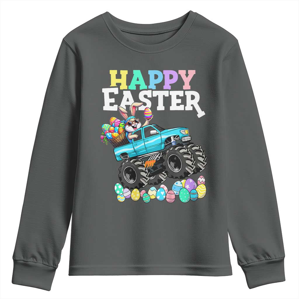 Boys Happy Easter Bunny Monster Truck Youth Sweatshirt Eggs Cool Rabbit Car Lovers Toddler TS10 Dark Heather Print Your Wear