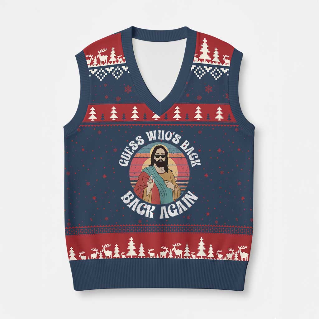 Funny Easter Jesus V-Neck Knit Sweater Vest Retro Vintage Guess Whos Back Again TS10 Navy Red Print Your Wear
