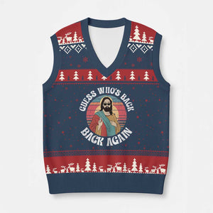 Funny Easter Jesus V-Neck Knit Sweater Vest Retro Vintage Guess Whos Back Again TS10 Navy Red Print Your Wear