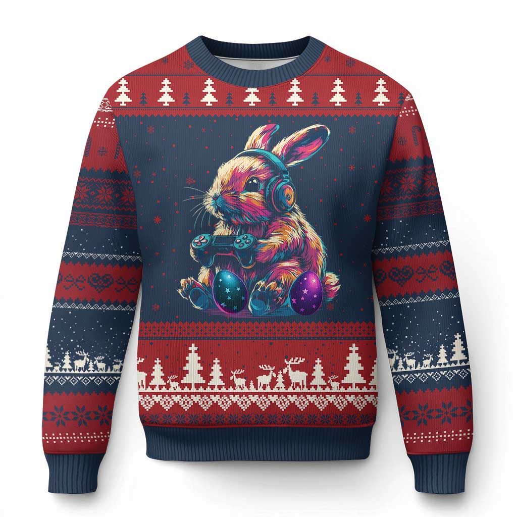 Gamer Rabbit Ugly Christmas Sweater Cute Bunny Gaming Eggs Funny Video Games Easter TS10 Navy Red Print Your Wear