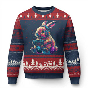 Gamer Rabbit Ugly Christmas Sweater Cute Bunny Gaming Eggs Funny Video Games Easter TS10 Navy Red Print Your Wear