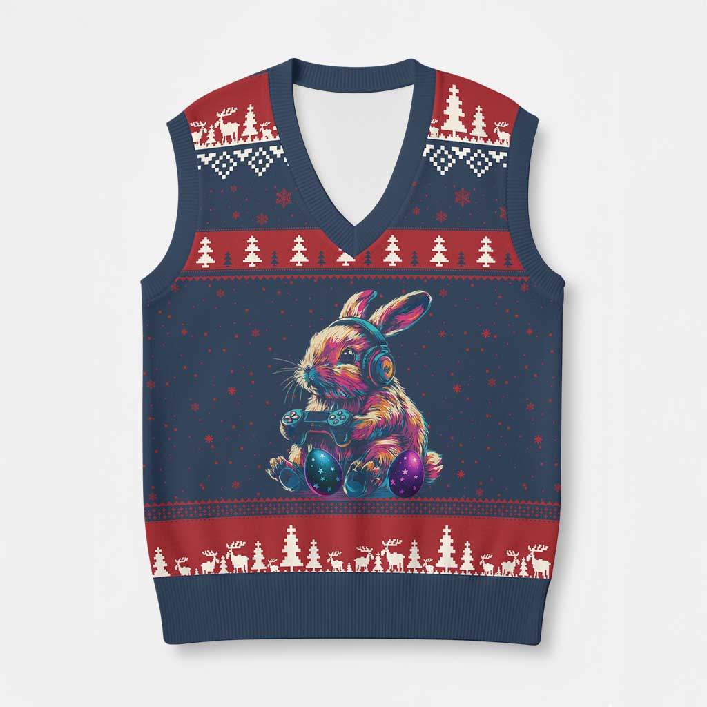 Gamer Rabbit V-Neck Knit Sweater Vest Cute Bunny Gaming Eggs Funny Video Games Easter TS10 Navy Red Print Your Wear
