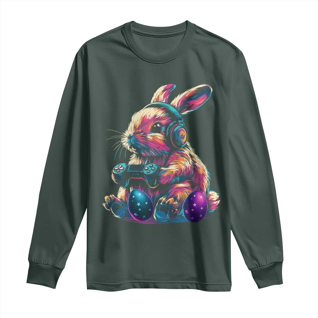 Gamer Rabbit Long Sleeve Shirt Cute Bunny Gaming Eggs Funny Video Games Easter TS10 Dark Forest Green Print Your Wear