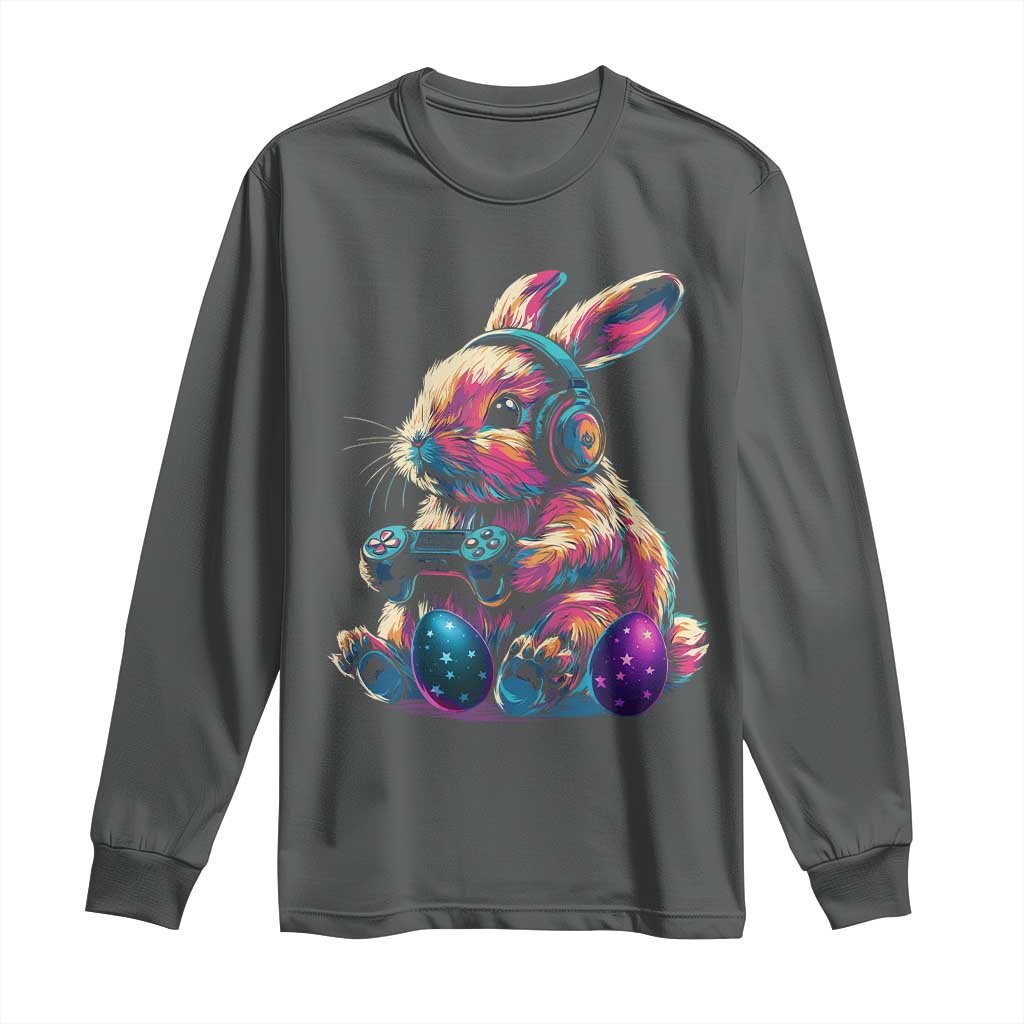 Gamer Rabbit Long Sleeve Shirt Cute Bunny Gaming Eggs Funny Video Games Easter TS10 Dark Heather Print Your Wear