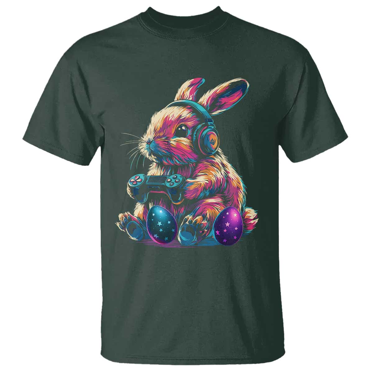 Gamer Rabbit T Shirt Cute Bunny Gaming Eggs Funny Video Games Easter TS10 Dark Forest Green Print Your Wear