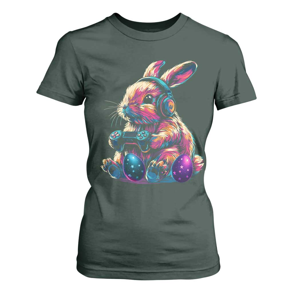 Gamer Rabbit T Shirt For Women Cute Bunny Gaming Eggs Funny Video Games Easter TS10 Dark Forest Green Print Your Wear