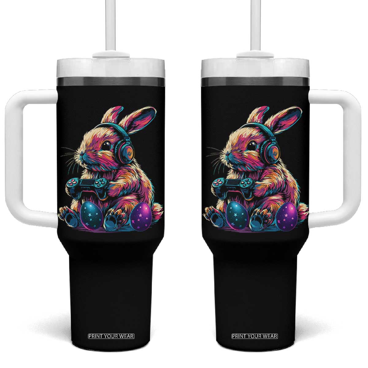 Gamer Rabbit Tumbler With Handle Cute Bunny Gaming Eggs Funny Video Games Easter TS10 One Size: 40 oz Black Print Your Wear