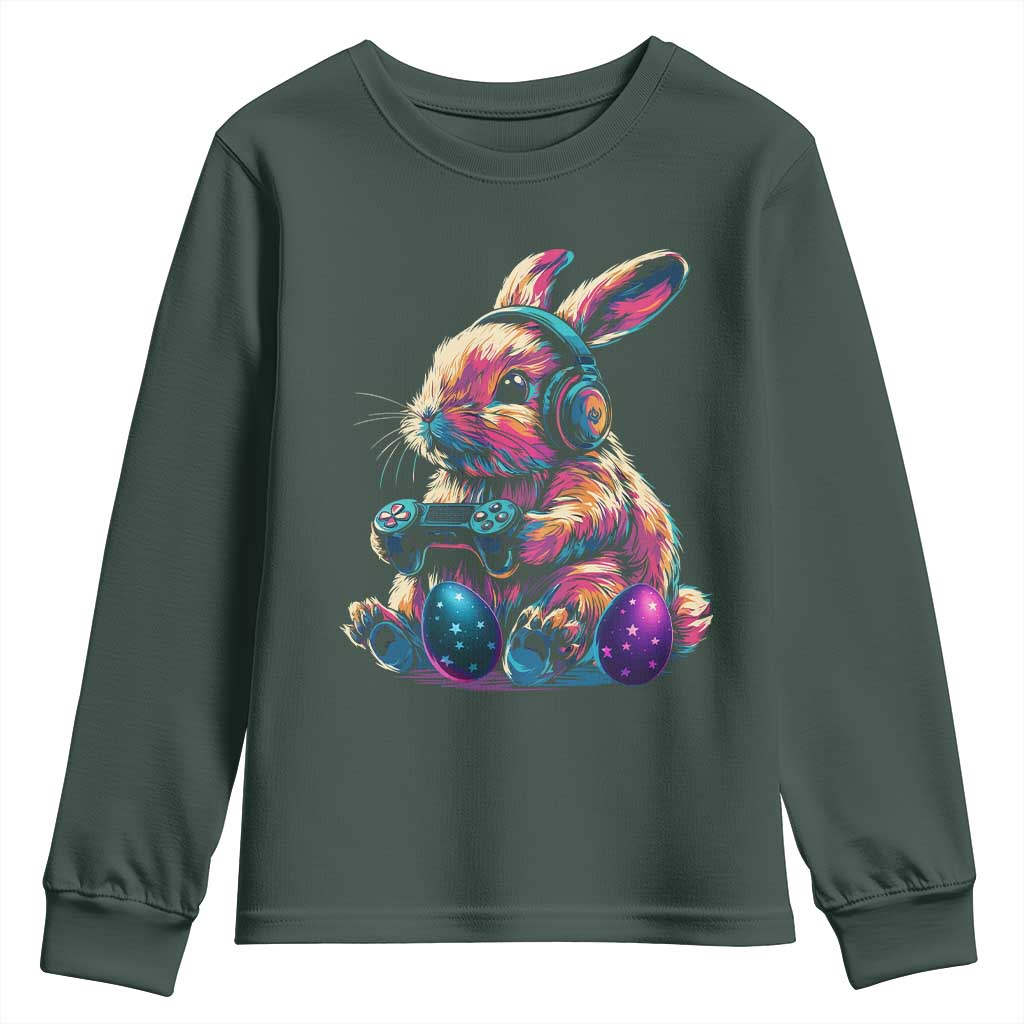 Gamer Rabbit Youth Sweatshirt Cute Bunny Gaming Eggs Funny Video Games Easter TS10 Dark Forest Green Print Your Wear