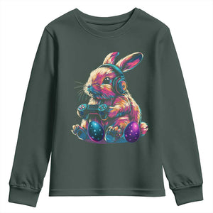 Gamer Rabbit Youth Sweatshirt Cute Bunny Gaming Eggs Funny Video Games Easter TS10 Dark Forest Green Print Your Wear