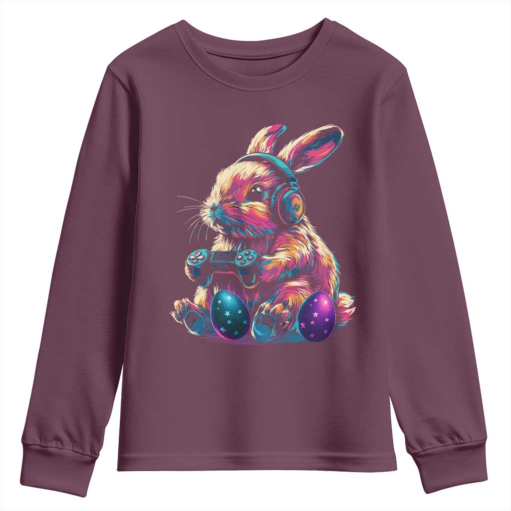 Gamer Rabbit Youth Sweatshirt Cute Bunny Gaming Eggs Funny Video Games Easter TS10 Maroon Print Your Wear