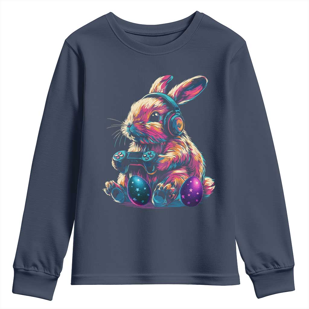 Gamer Rabbit Youth Sweatshirt Cute Bunny Gaming Eggs Funny Video Games Easter TS10 Navy Print Your Wear