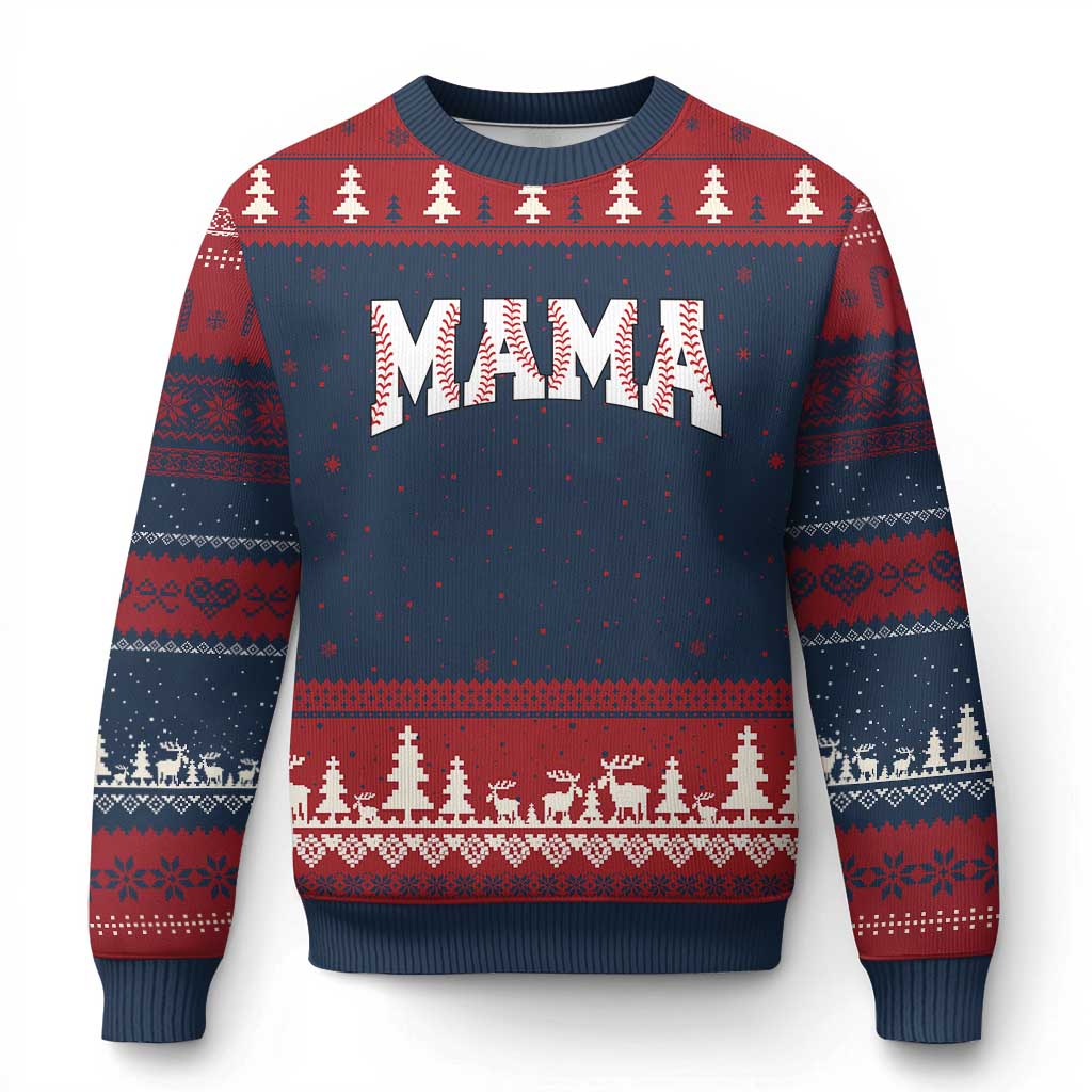 Baseball Mama Ugly Christmas Sweater Retro Varsity Baseball Season Mom Raising Ballers TS10 Navy Red Print Your Wear