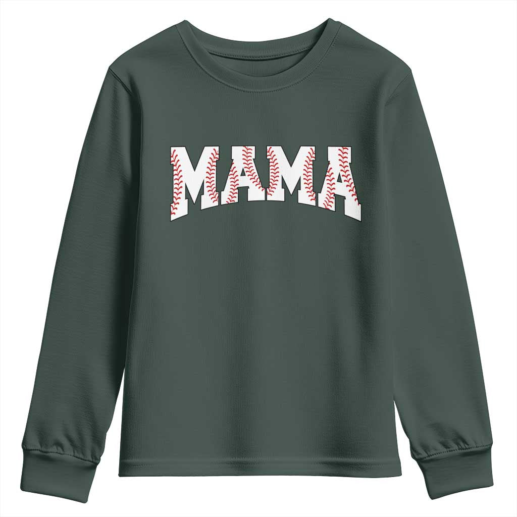 Baseball Mama Youth Sweatshirt Retro Varsity Baseball Season Mom Raising Ballers TS10 Dark Forest Green Print Your Wear