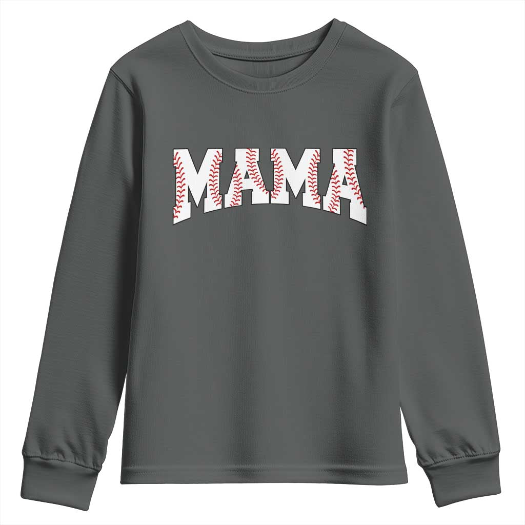 Baseball Mama Youth Sweatshirt Retro Varsity Baseball Season Mom Raising Ballers TS10 Dark Heather Print Your Wear