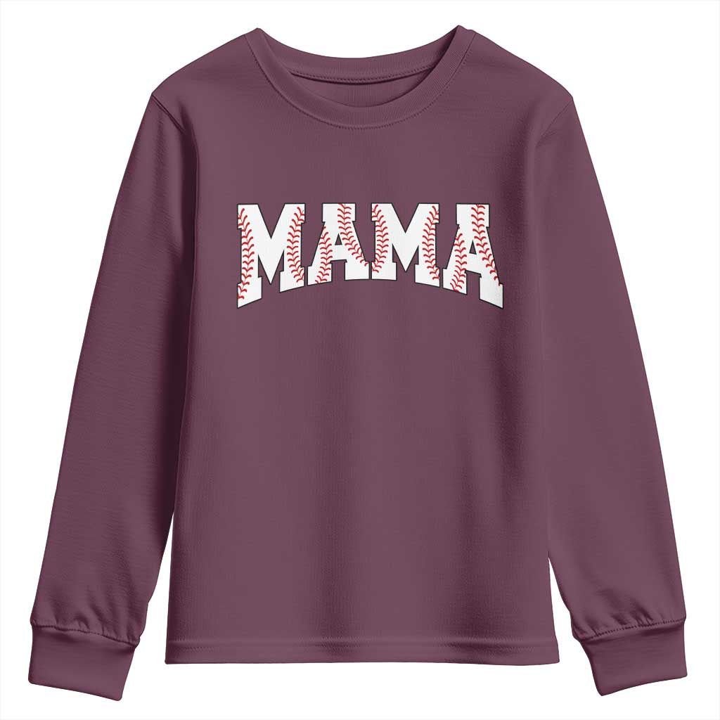 Baseball Mama Youth Sweatshirt Retro Varsity Baseball Season Mom Raising Ballers TS10 Maroon Print Your Wear