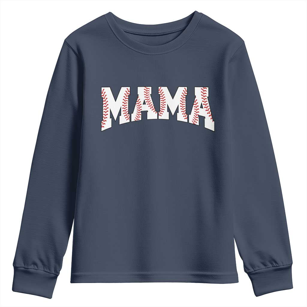 Baseball Mama Youth Sweatshirt Retro Varsity Baseball Season Mom Raising Ballers TS10 Navy Print Your Wear