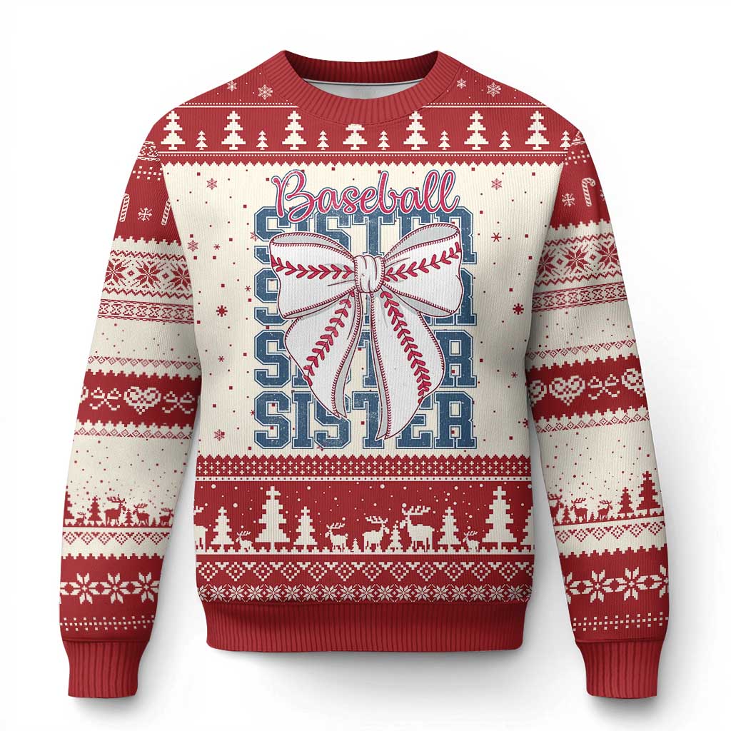 Baseball Sister Ugly Christmas Sweater Coquette Bow Biggest Fan Sport Lovers Girl TS10 Beige Red Print Your Wear