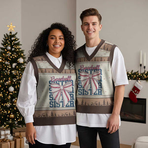 Baseball Sister V-Neck Knit Sweater Vest Coquette Bow Biggest Fan Sport Lovers Girl TS10 Mocha Mousse Print Your Wear