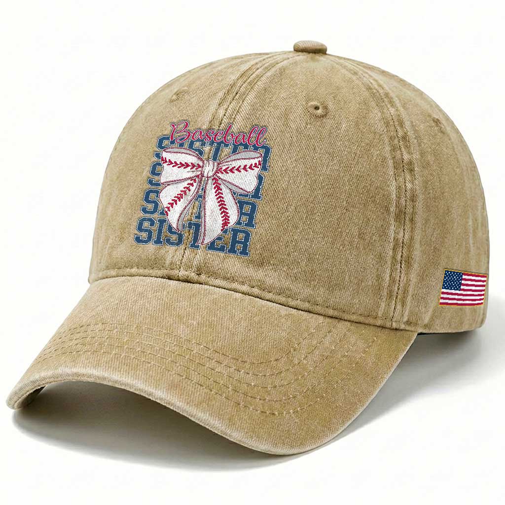 Baseball Sister Washed Cotton Baseball Cap Coquette Bow Biggest Fan Sport Lovers Girl