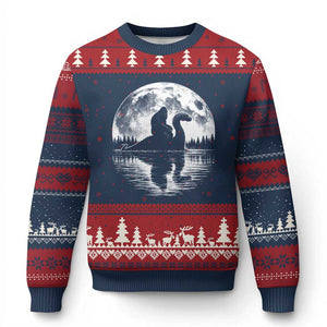 Funny Bigfoot Loch Ness Monster Ugly Christmas Sweater Retro Sasquatch Nessie Funny Cryptid Moon TS10 Navy Red Print Your Wear