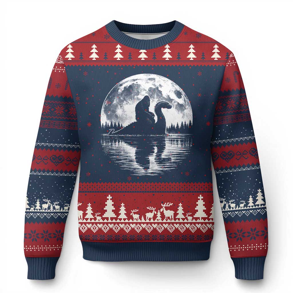 Funny Bigfoot Loch Ness Monster Ugly Christmas Sweater Retro Sasquatch Nessie Funny Cryptid Moon TS10 Navy Red Print Your Wear