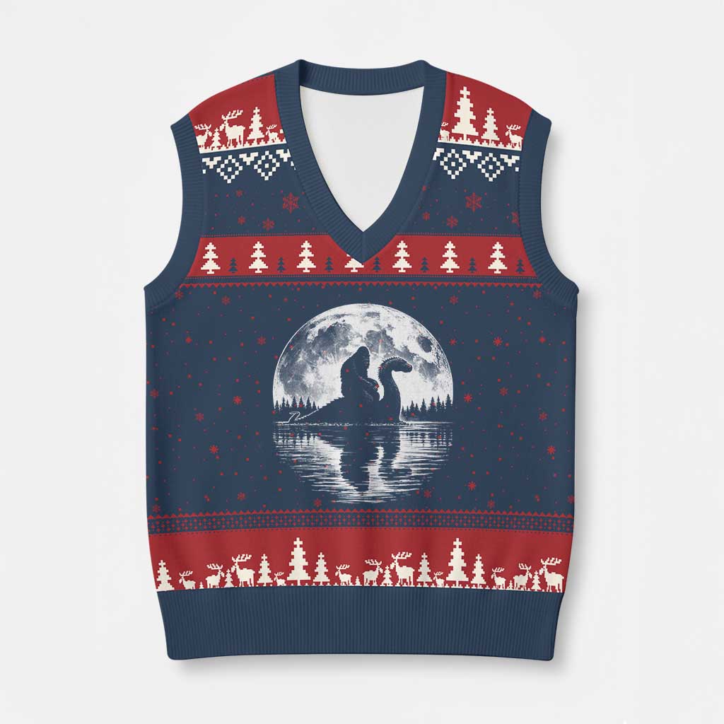 Funny Bigfoot Loch Ness Monster V-Neck Knit Sweater Vest Retro Sasquatch Nessie Funny Cryptid Moon TS10 Navy Red Print Your Wear