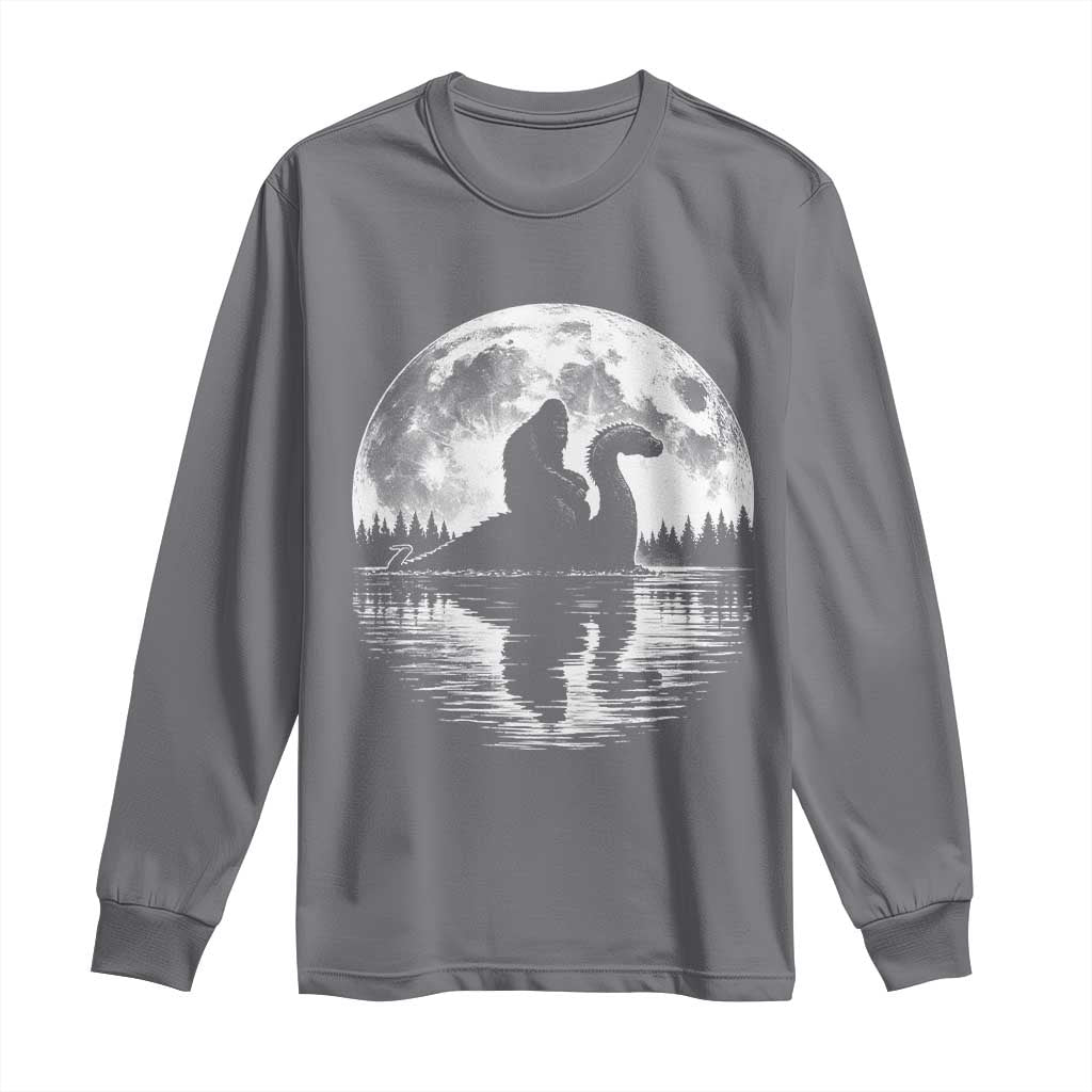 Funny Bigfoot Loch Ness Monster Long Sleeve Shirt Retro Sasquatch Nessie Funny Cryptid Moon TS10 Charcoal Print Your Wear