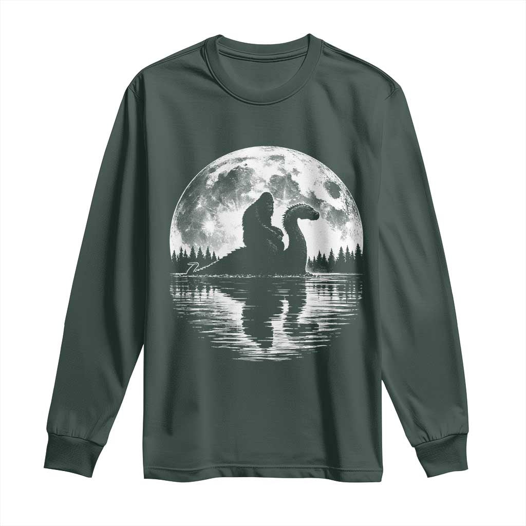 Funny Bigfoot Loch Ness Monster Long Sleeve Shirt Retro Sasquatch Nessie Funny Cryptid Moon TS10 Dark Forest Green Print Your Wear