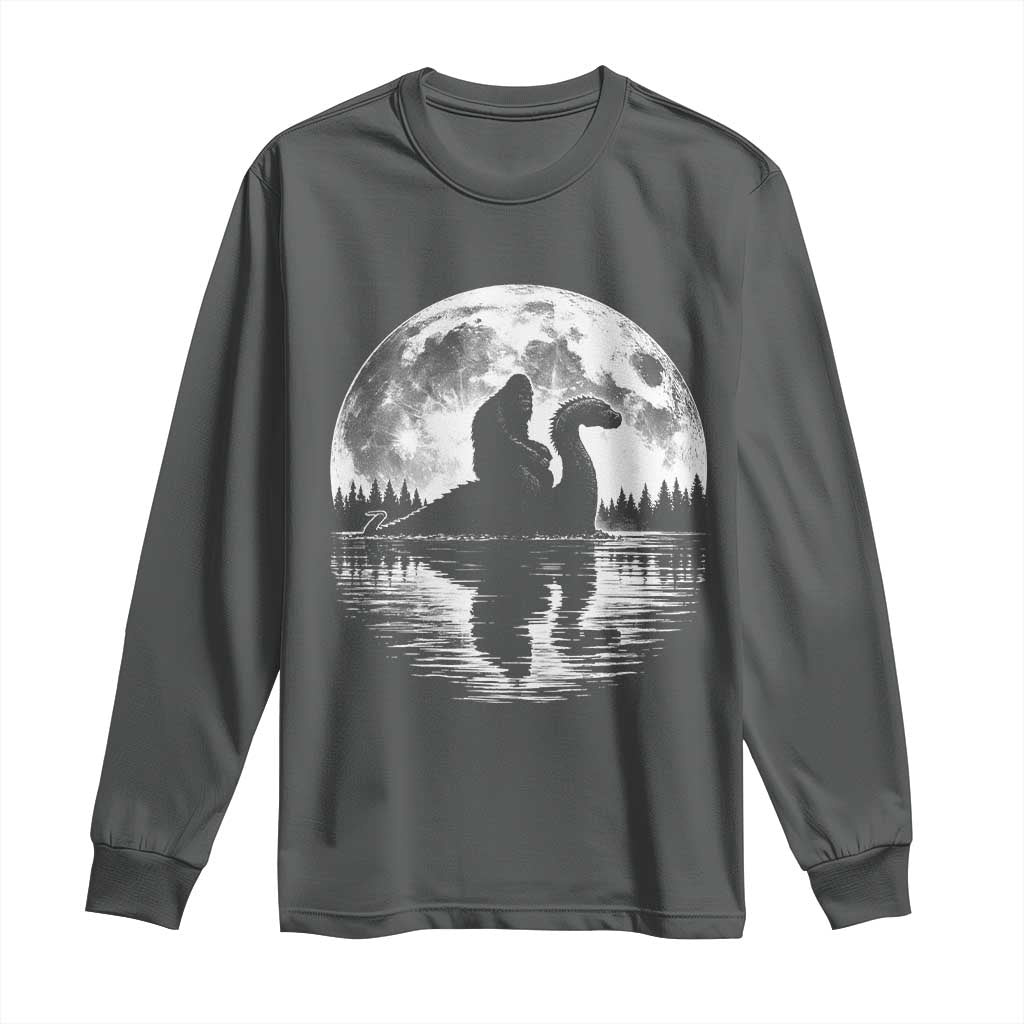 Funny Bigfoot Loch Ness Monster Long Sleeve Shirt Retro Sasquatch Nessie Funny Cryptid Moon TS10 Dark Heather Print Your Wear