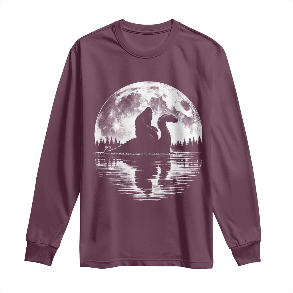Funny Bigfoot Loch Ness Monster Long Sleeve Shirt Retro Sasquatch Nessie Funny Cryptid Moon TS10 Maroon Print Your Wear