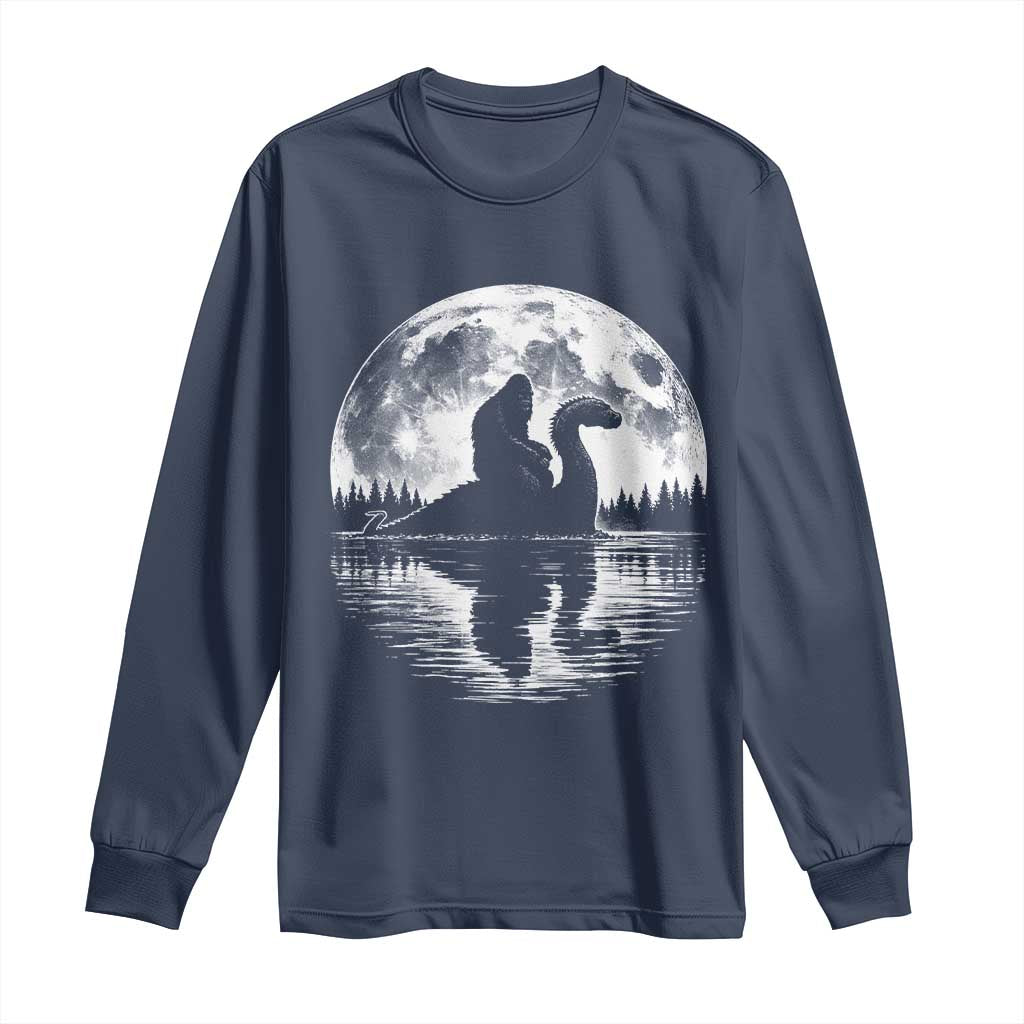 Funny Bigfoot Loch Ness Monster Long Sleeve Shirt Retro Sasquatch Nessie Funny Cryptid Moon TS10 Navy Print Your Wear