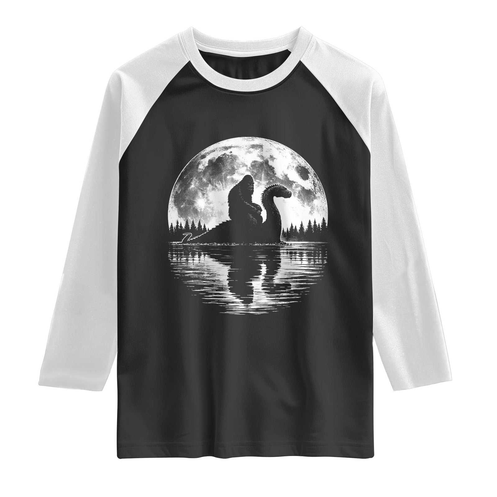 Funny Bigfoot Loch Ness Monster Raglan Shirt Retro Sasquatch Nessie Funny Cryptid Moon TS10 Black White Print Your Wear