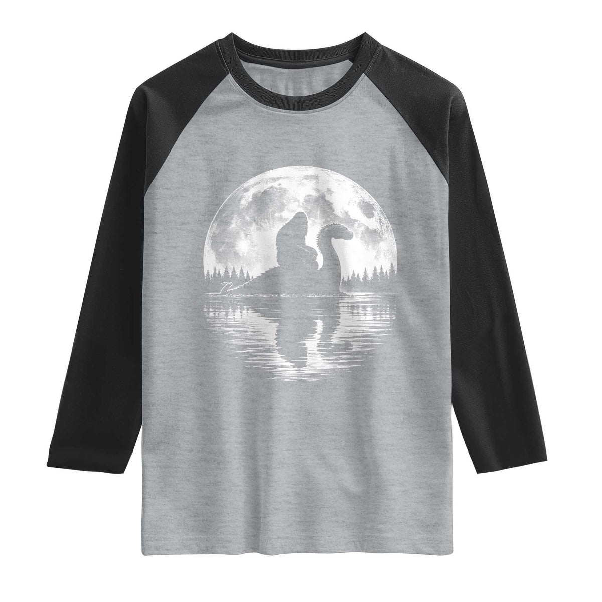 Funny Bigfoot Loch Ness Monster Raglan Shirt Retro Sasquatch Nessie Funny Cryptid Moon TS10 Heather Gray Black Print Your Wear