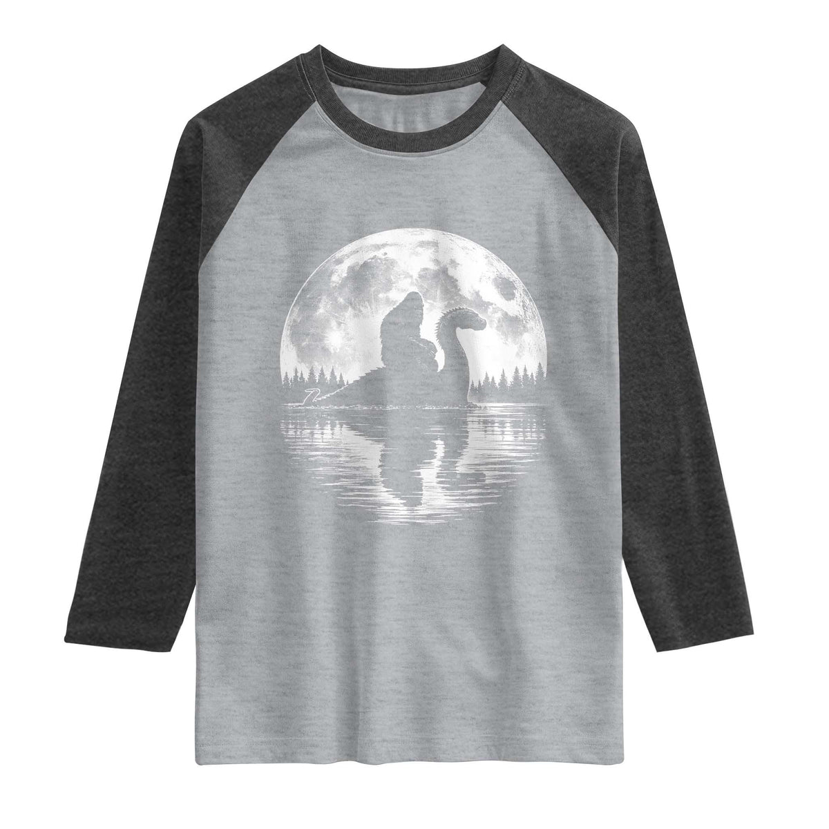 Funny Bigfoot Loch Ness Monster Raglan Shirt Retro Sasquatch Nessie Funny Cryptid Moon TS10 Heather Gray Heather Charcoal Print Your Wear