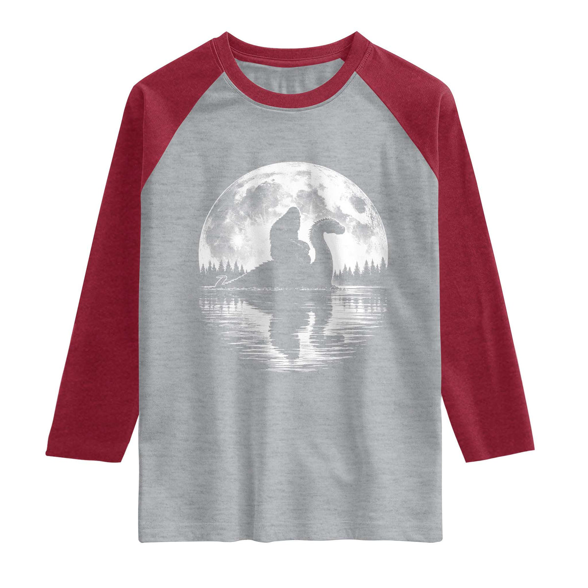 Funny Bigfoot Loch Ness Monster Raglan Shirt Retro Sasquatch Nessie Funny Cryptid Moon TS10 Heather Gray Heather Red Print Your Wear