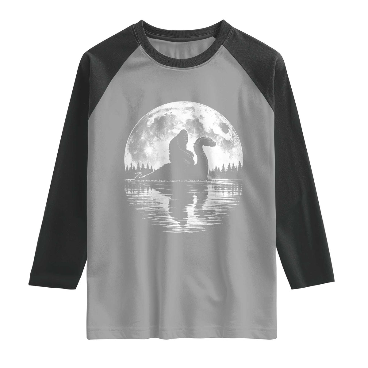 Funny Bigfoot Loch Ness Monster Raglan Shirt Retro Sasquatch Nessie Funny Cryptid Moon TS10 Sport Gray Black Print Your Wear