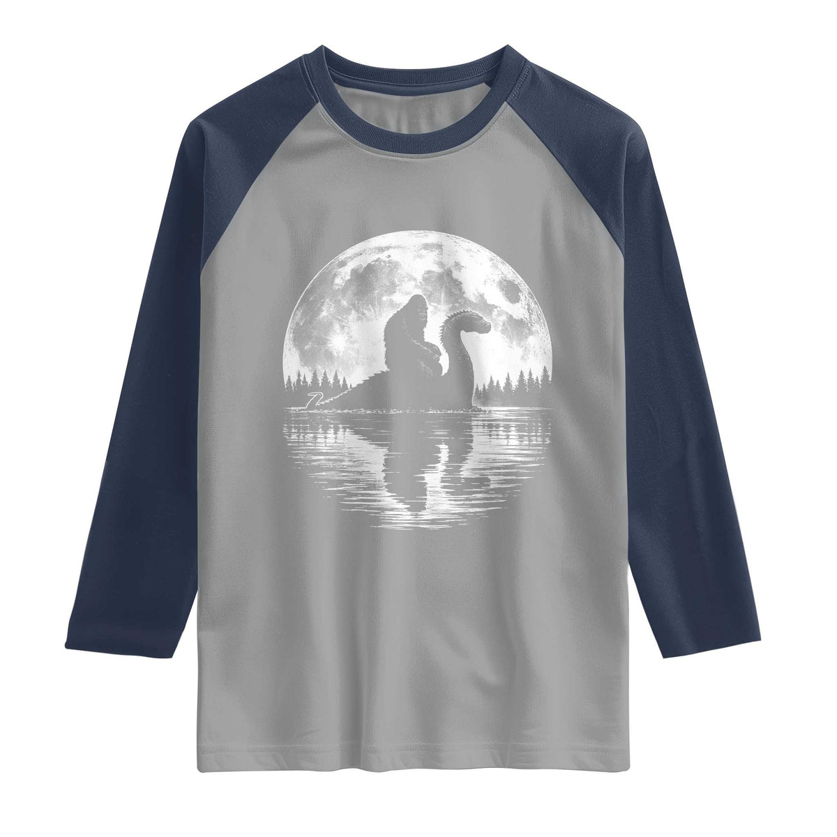Funny Bigfoot Loch Ness Monster Raglan Shirt Retro Sasquatch Nessie Funny Cryptid Moon TS10 Sport Gray Navy Print Your Wear